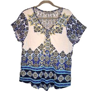 Jason Maxwell Crinkle Short Sleeved Top White Blue Size XL